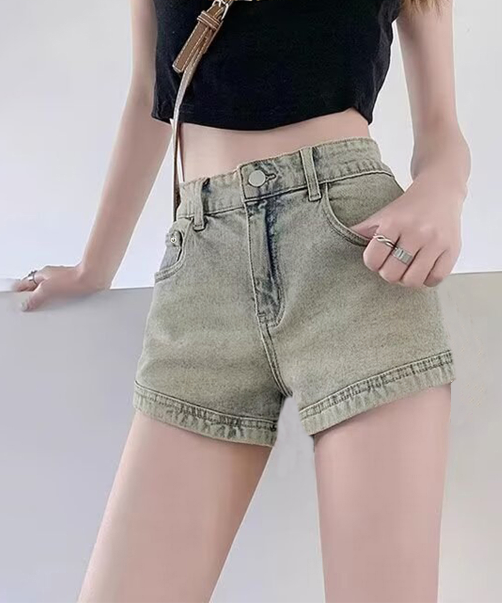 パンツセットアップ レディース復古風ウォッシュデニムショートパンツ