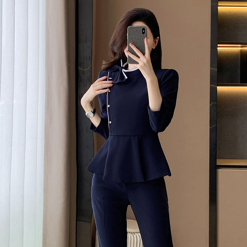 パンツセットアップ リボンネックペプラムスーツ
