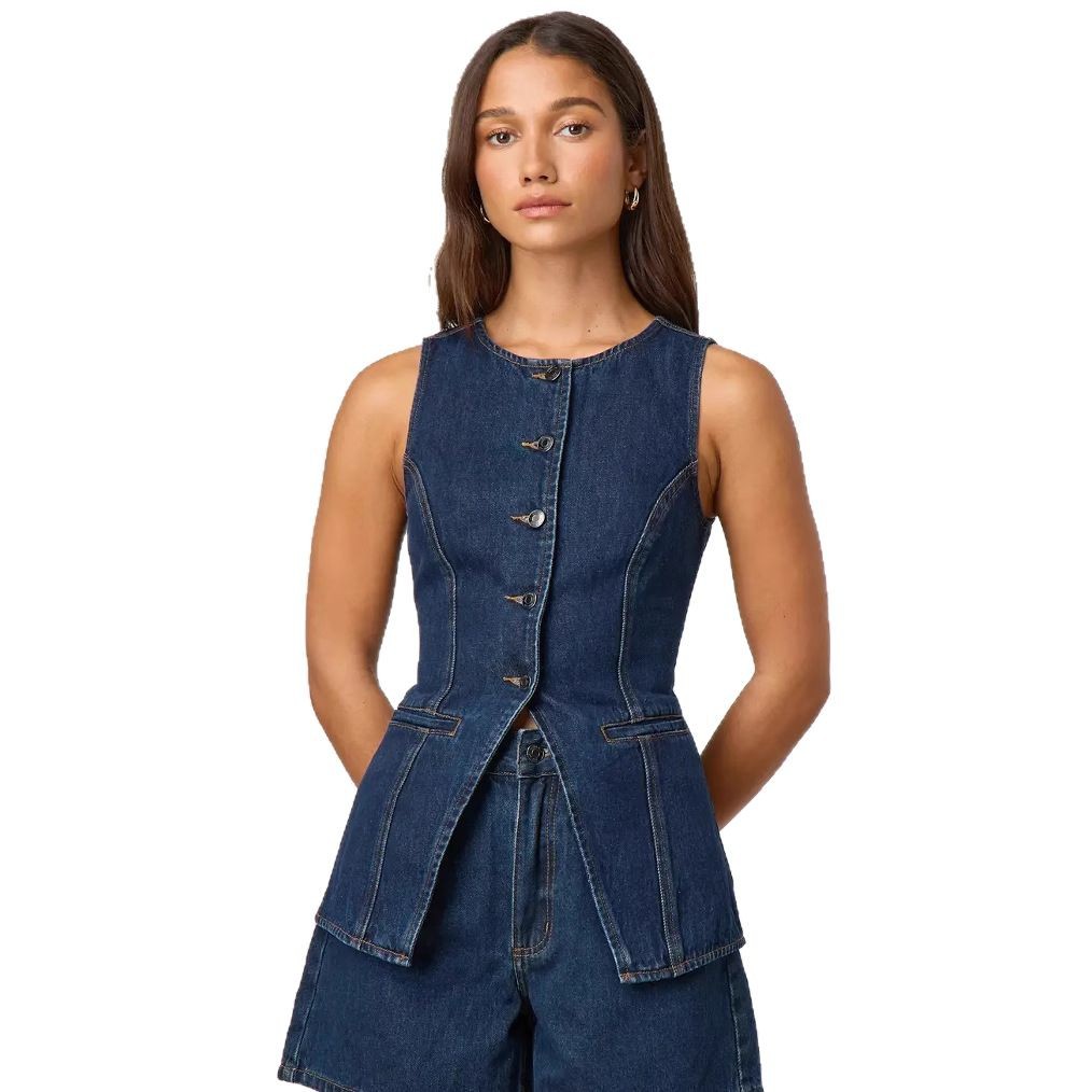 パンツセットアップ デニムベストとショートパンツの上品セットアップ