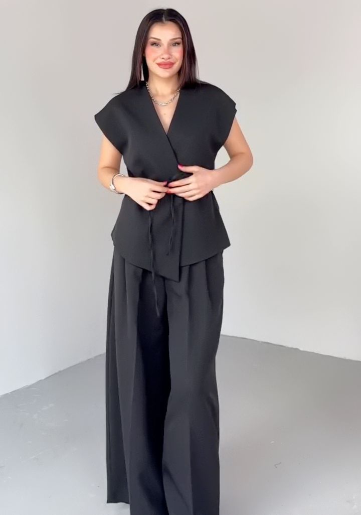 パンツセットアップ 優美リボン結びワイドパンツセット