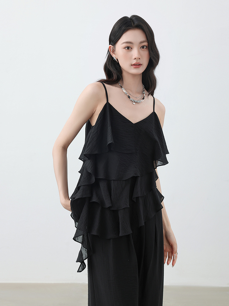 パンツセットアップ ワイド 重ね段フリルキャミソール ワイドパンツセット