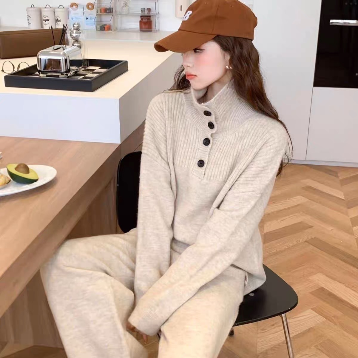 パンツセットアップ 秋冬ニットワイドパンツ上下セット体型カバーゆったり