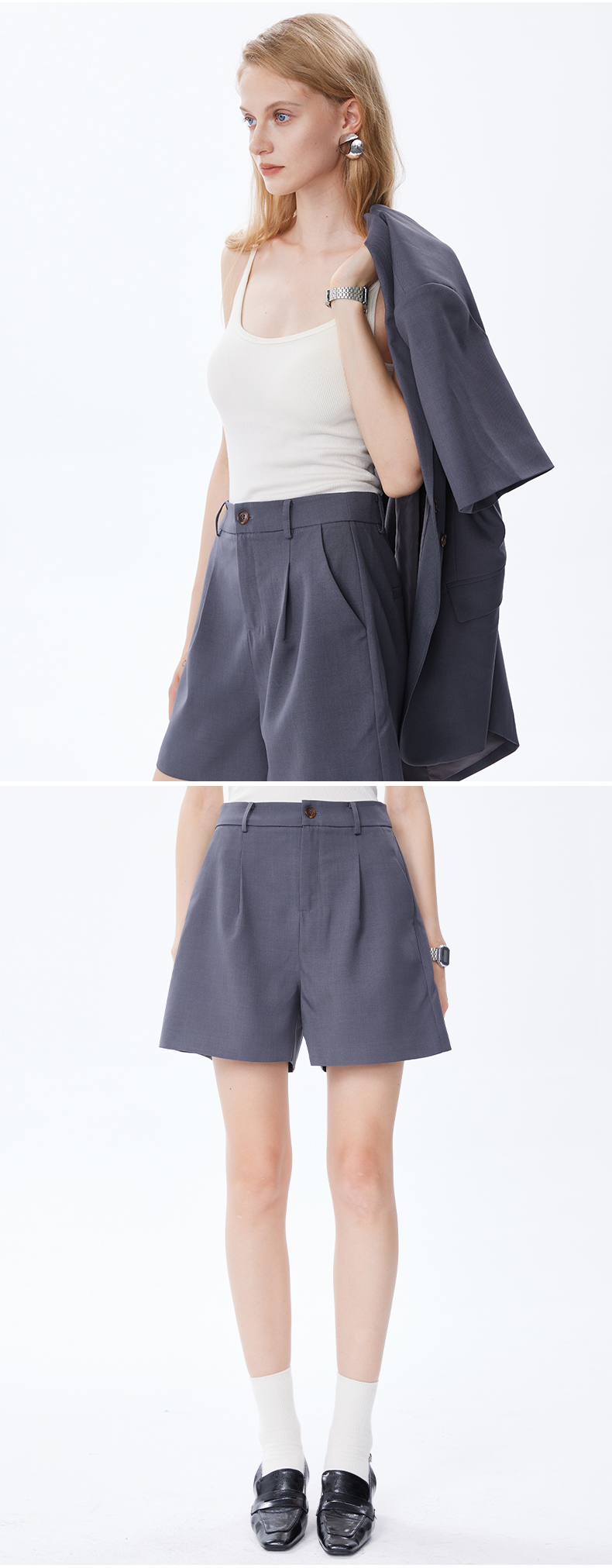 パンツセットアップ 洗練半袖ジャケットとショートパンツの組合せ