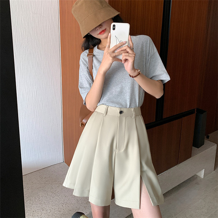 パンツセットアップ ハイウエストワイドショートパンツ ゆったり五分丈