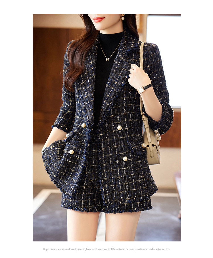 パンツセットアップ ツイード調チェック柄ジャケットショートパンツ二点セット