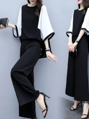 パンツセットアップ モノトーン袖切替ワイドパンツセットアップ