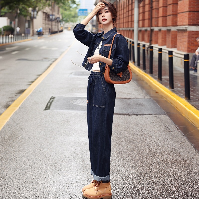 パンツセットアップ デニム素材ショートジャケット付きワイドパンツセットアップ