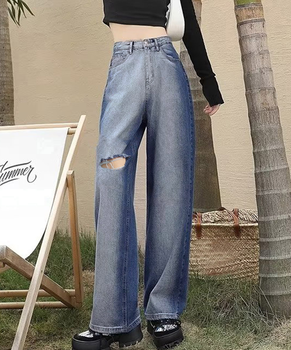 パンツセットアップ 膝ダメージワイドデニムパンツ ゆったりシルエット