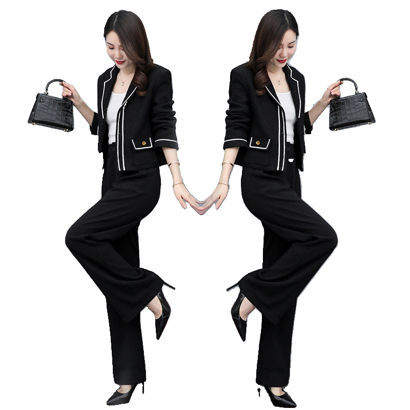 パンツセットアップ 上品な配色パイピングジャケット&ワイドパンツスーツ