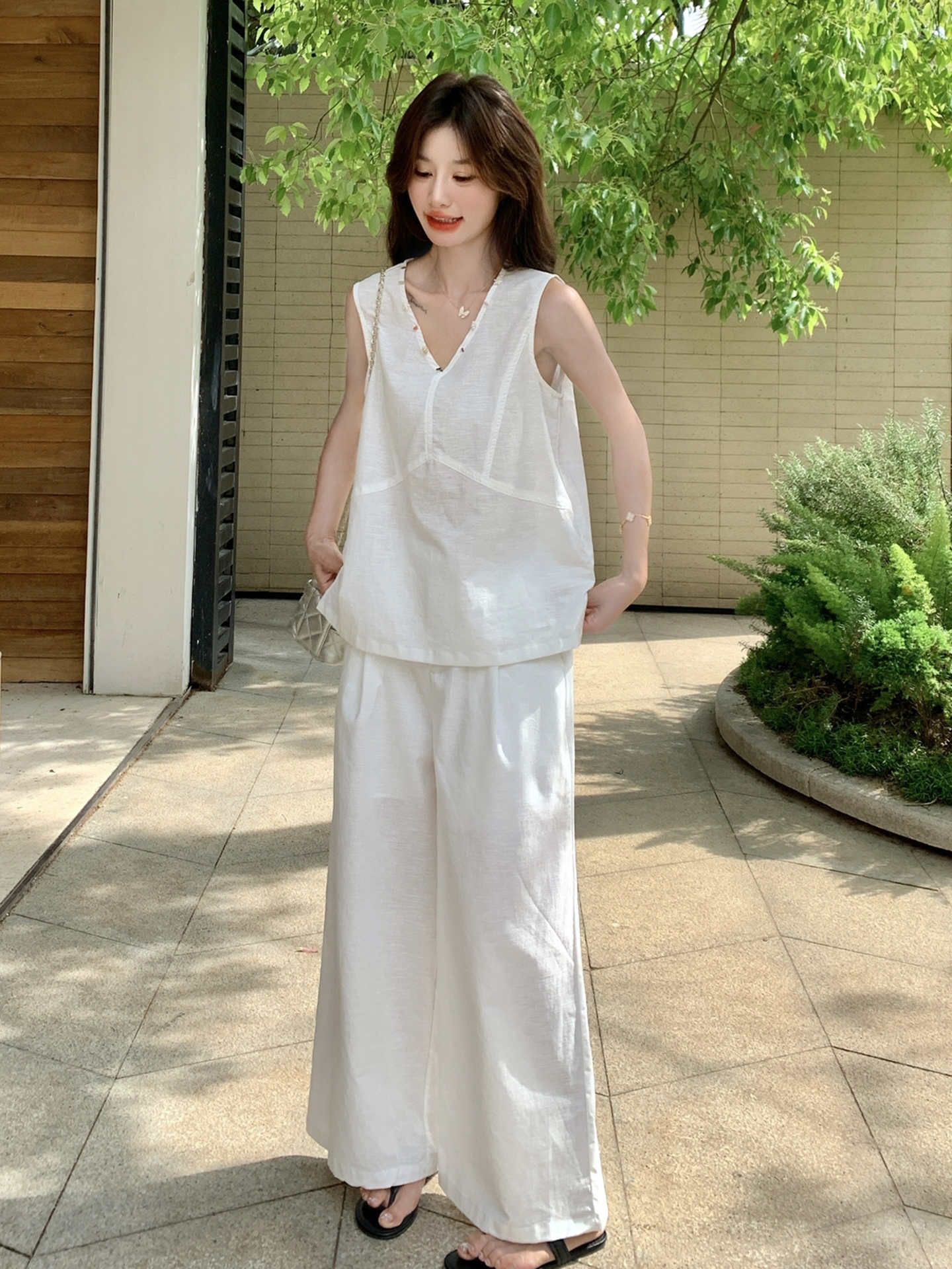 パンツセットアップ 涼感リネン風ワイドパンツセット