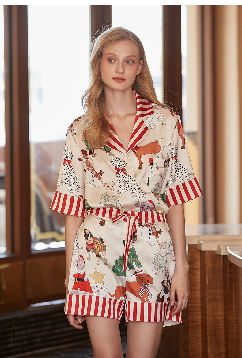 パンツセットアップ 犬柄ストライプ切替開襟パンツセットアップショート