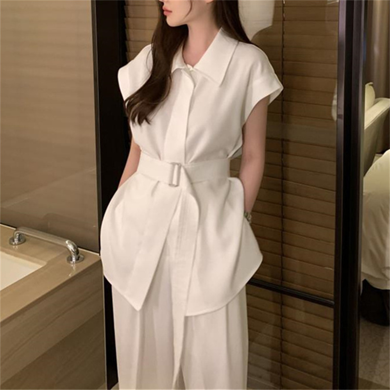 パンツセットアップ 夏用スーツ二点組み半袖上着ワイドパンツ女性用着回し服