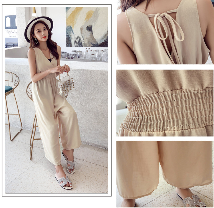 パンツセットアップ 上品ワイドパンツサロペット背中リボンブイネック