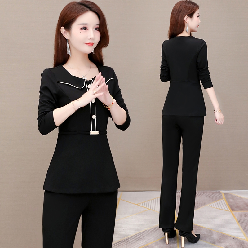 パンツセットアップ 丸襟パイピングトップス＆フレアパンツの上品セット