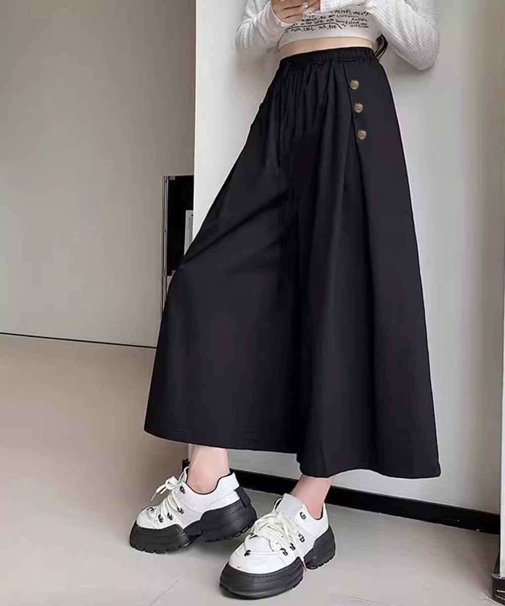 パンツセットアップ サイドボタン付きワイド丈ハイウエストパンツ
