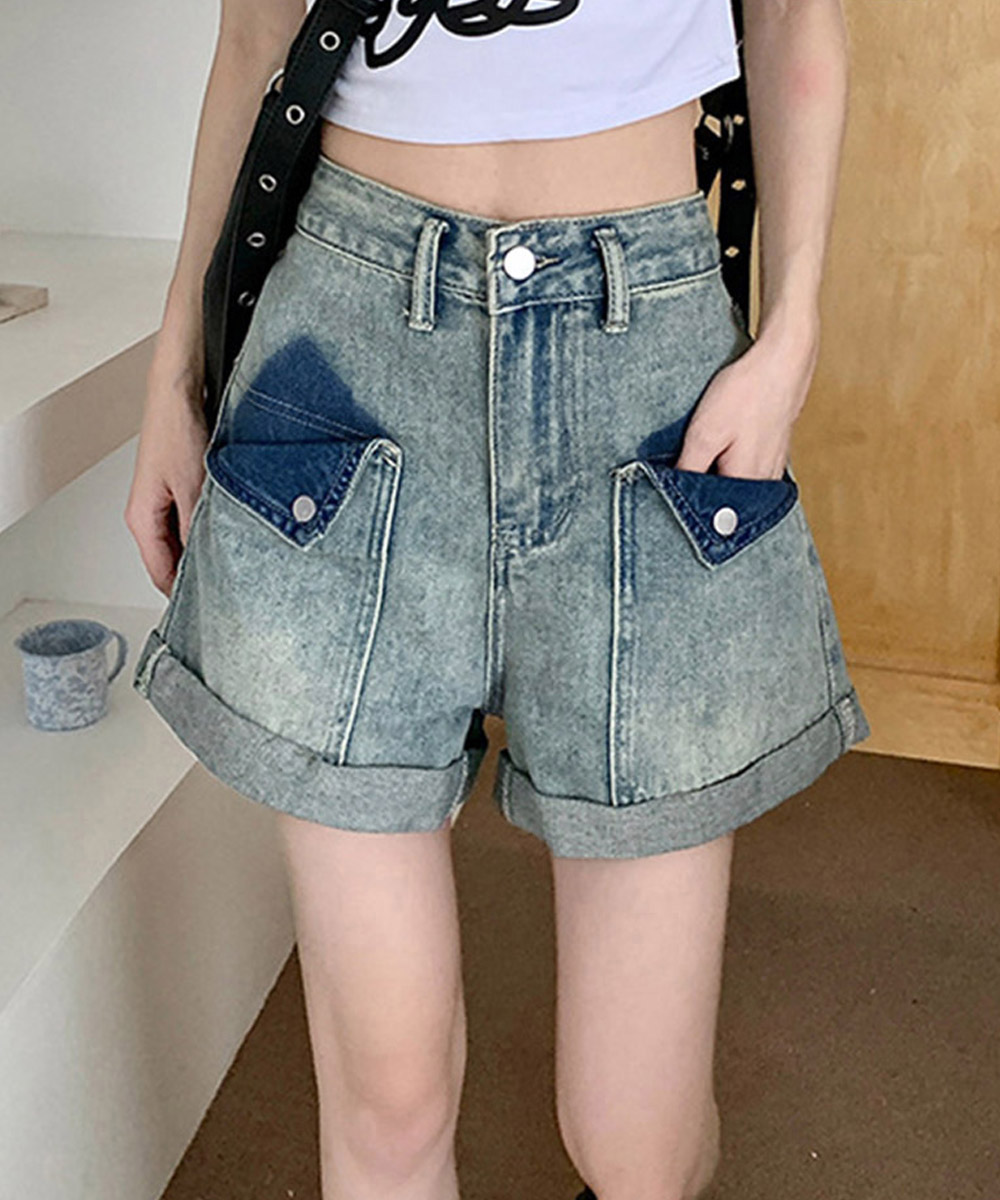 パンツセットアップ 裾ロールアップ デニムショート パンツ 美脚