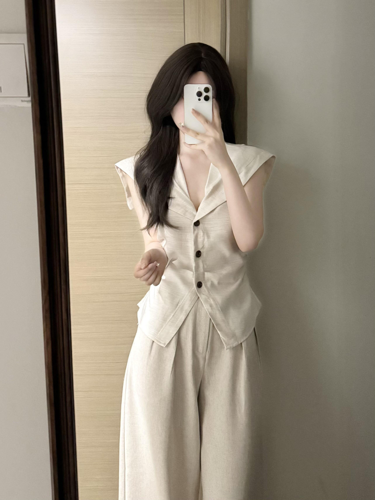 パンツセットアップ リネン風ワイドパンツセットアップ