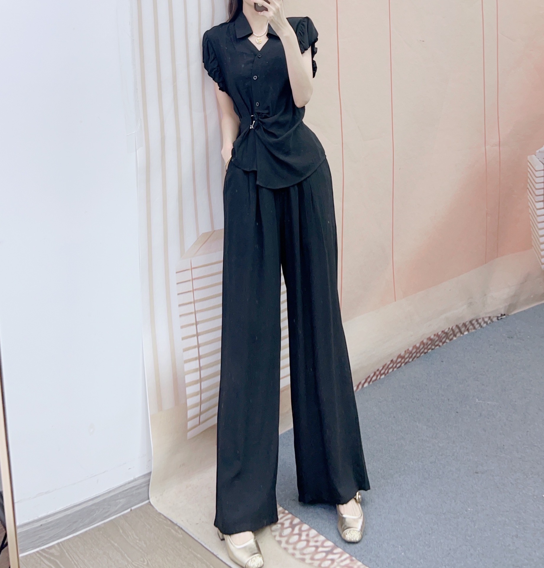 パンツセットアップ 袖フリル細ベルト付きワイドパンツセット
