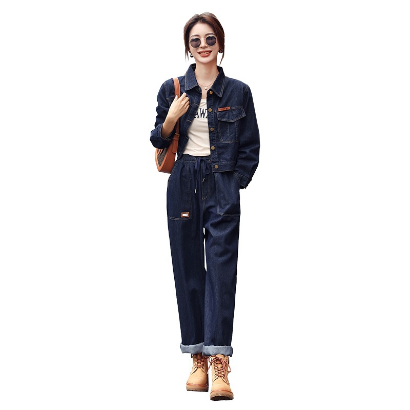 パンツセットアップ デニム素材ショートジャケット付きワイドパンツセットアップ