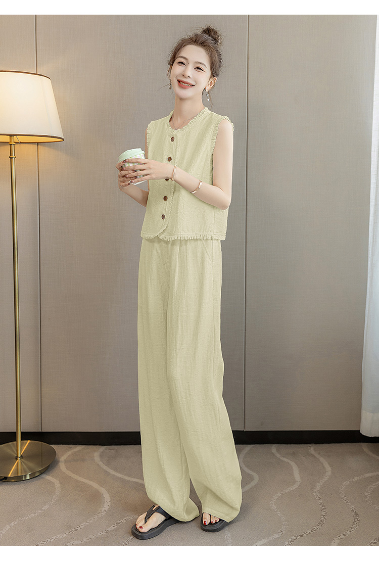 パンツセットアップ フリンジ飾りノースリーブワイドパンツセット