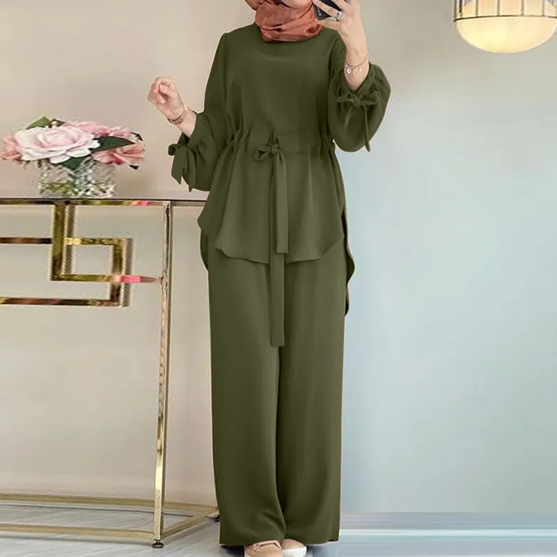 パンツセットアップ リボン袖ふんわりワイドパンツセット