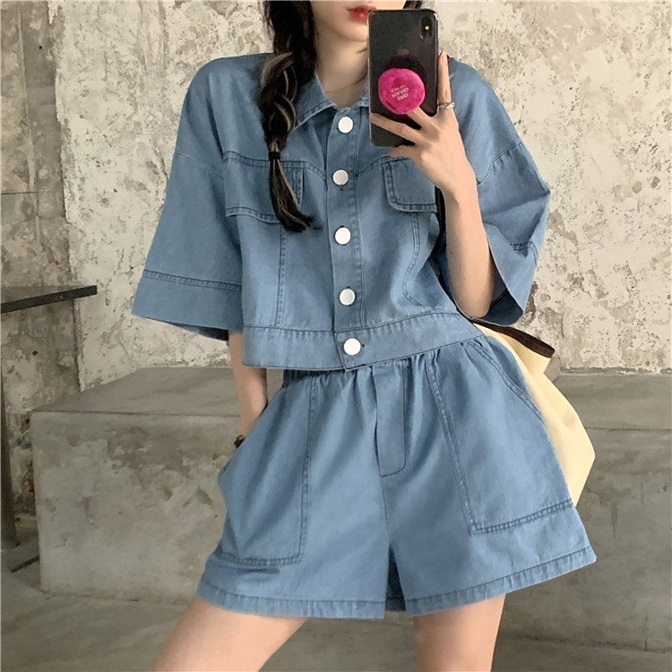 パンツセットアップ デニム風ゆったりショートパンツセット