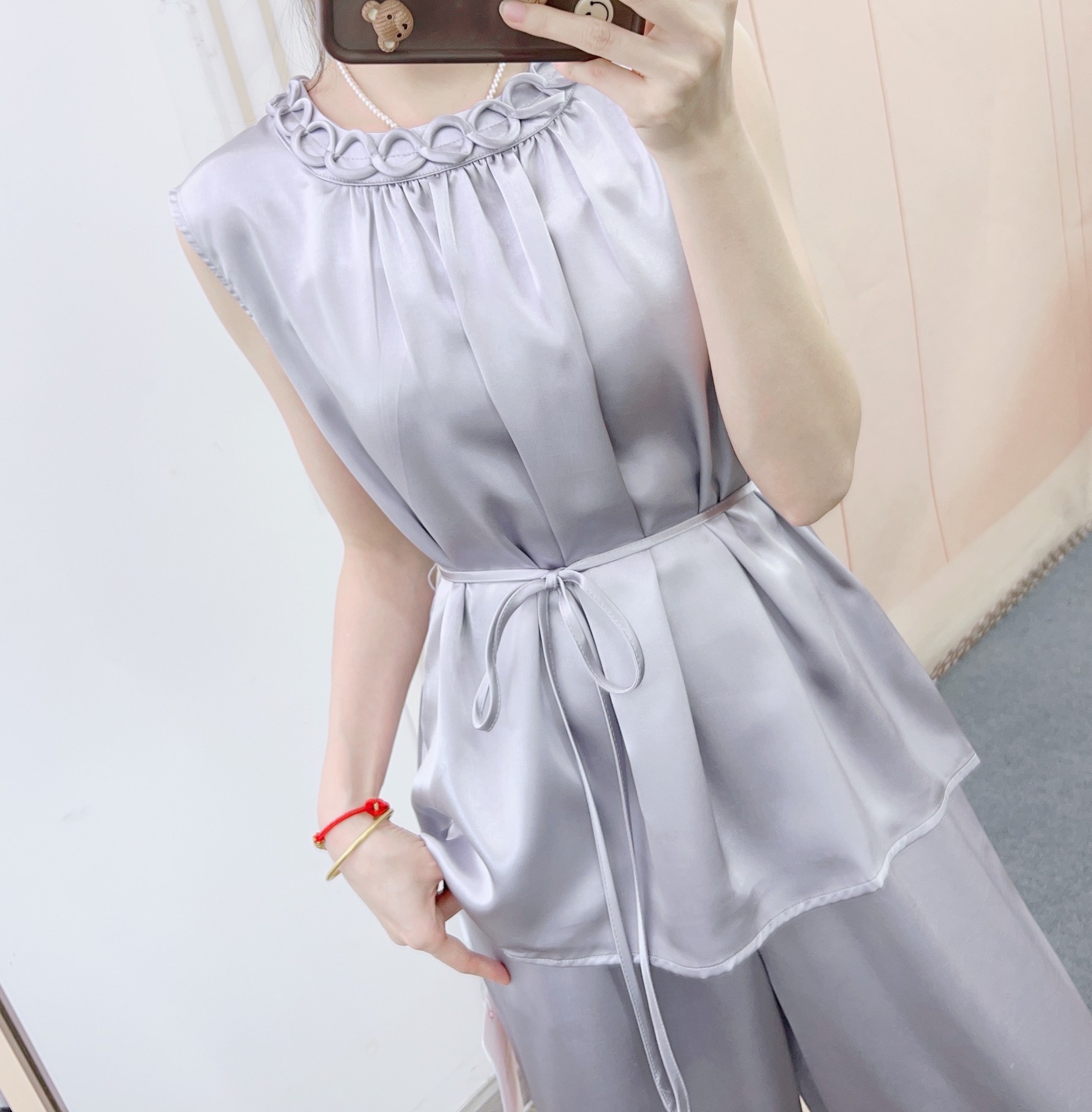 パンツセットアップ 絹風リングネックワイドセットアップ
