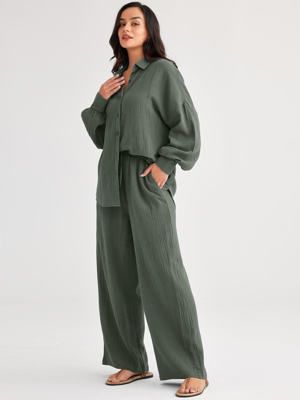 パンツセットアップ しわ加工ゆったりパンツセットアップ