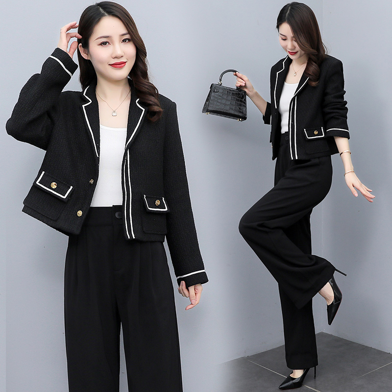 パンツセットアップ 上品な配色パイピングジャケット&ワイドパンツスーツ