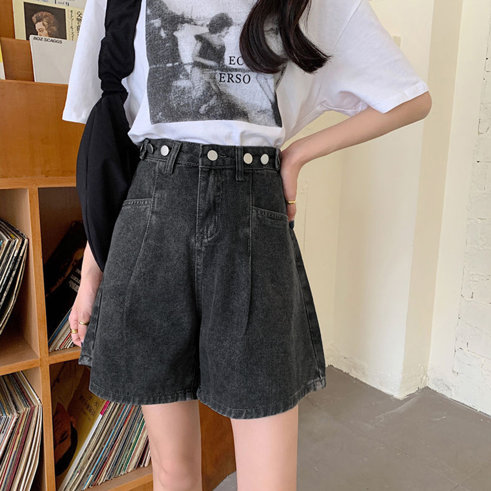 パンツセットアップ ハイウエストデニムショートパンツ美脚効果付き
