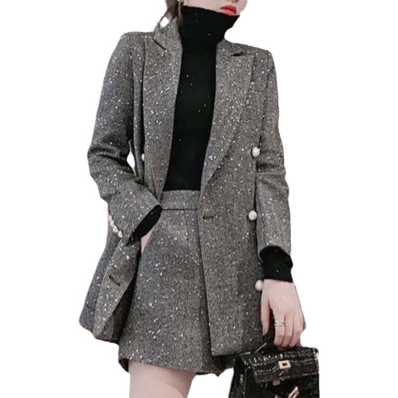 パンツセットアップ ラメツイード素材華やかジャケットショートパンツ二点組