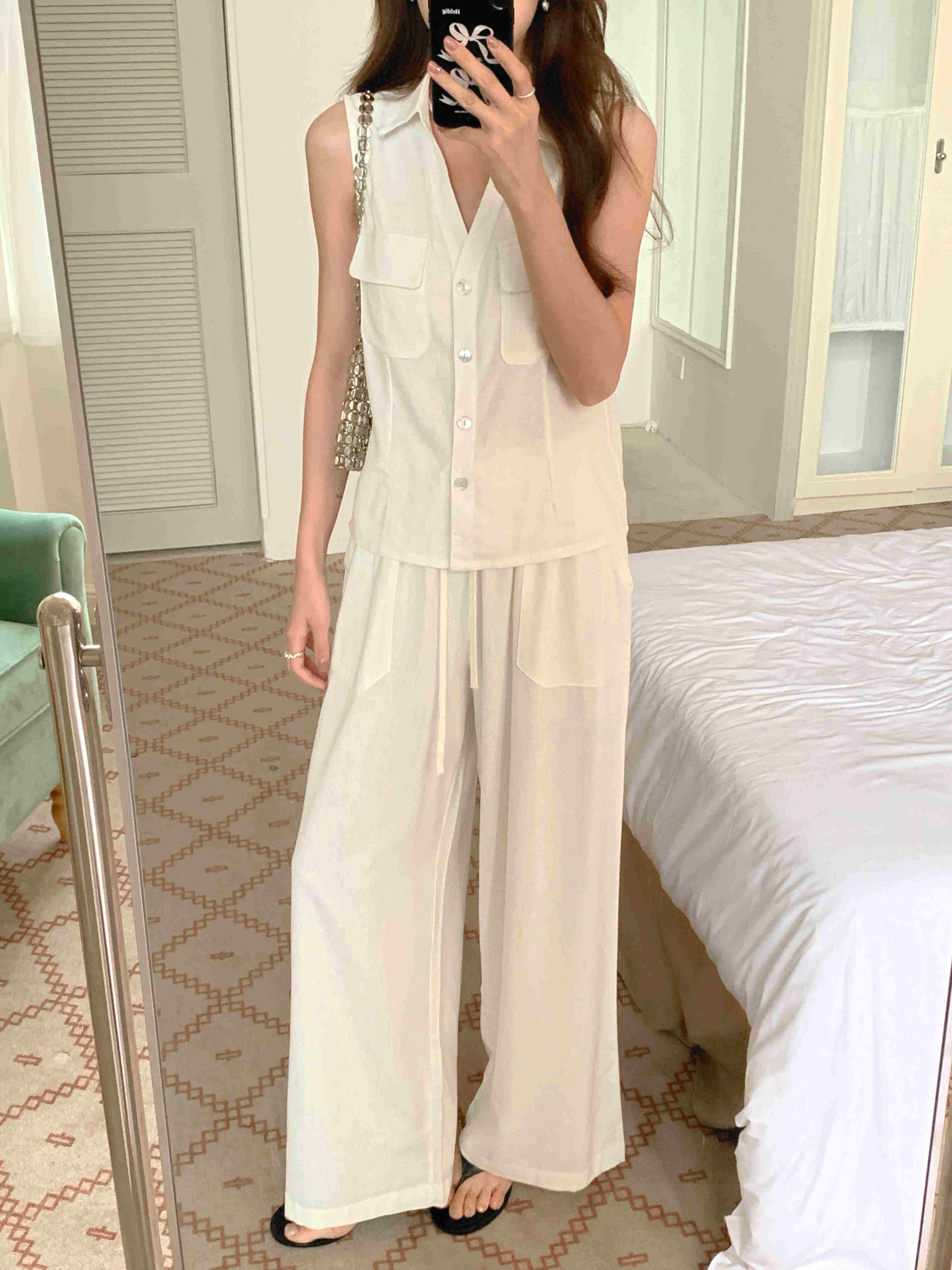 パンツセットアップ 2025年春夏新作 韓国風ワイドパンツセット袖なしシャツ