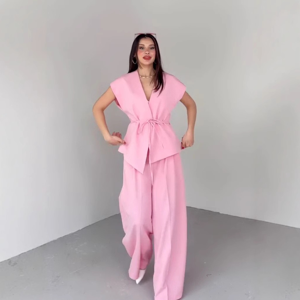 パンツセットアップ 優美リボン結びワイドパンツセット