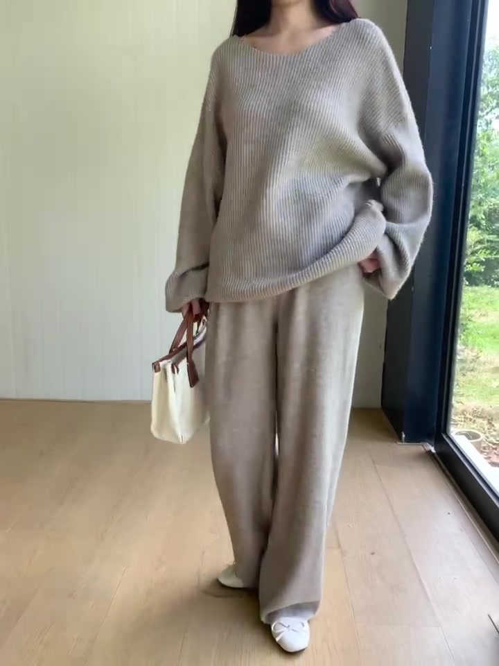 パンツセットアップ 上品ニットトップス×ワイドパンツセット