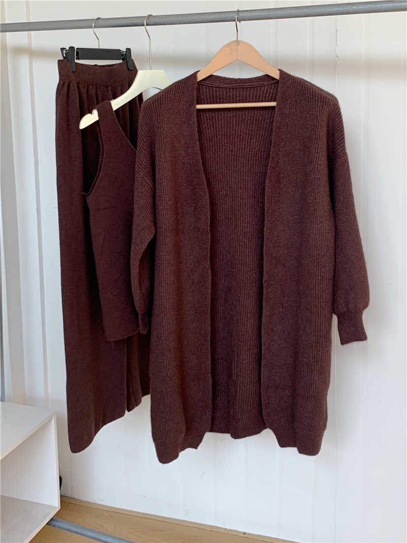 パンツセットアップ 秋冬新作 ニットカーディガン ワイドパンツ 三点セット