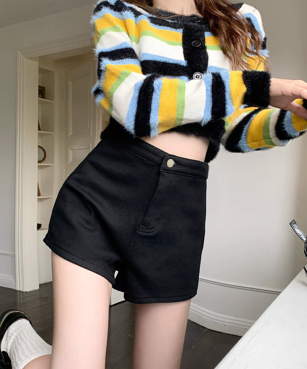 パンツセットアップ 裏起毛デニムショートパンツ レディース暖か美脚
