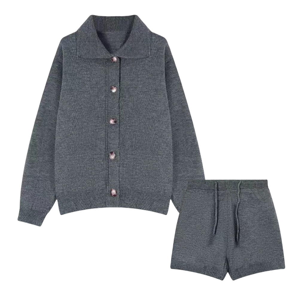 パンツセットアップ ニット素材襟付きジャケット&ショートパンツ上下セット