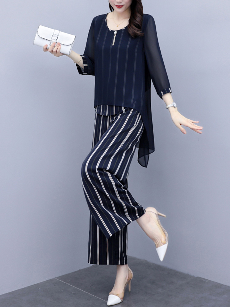 パンツセットアップ 優美シフォン重ね着風ストライプセット