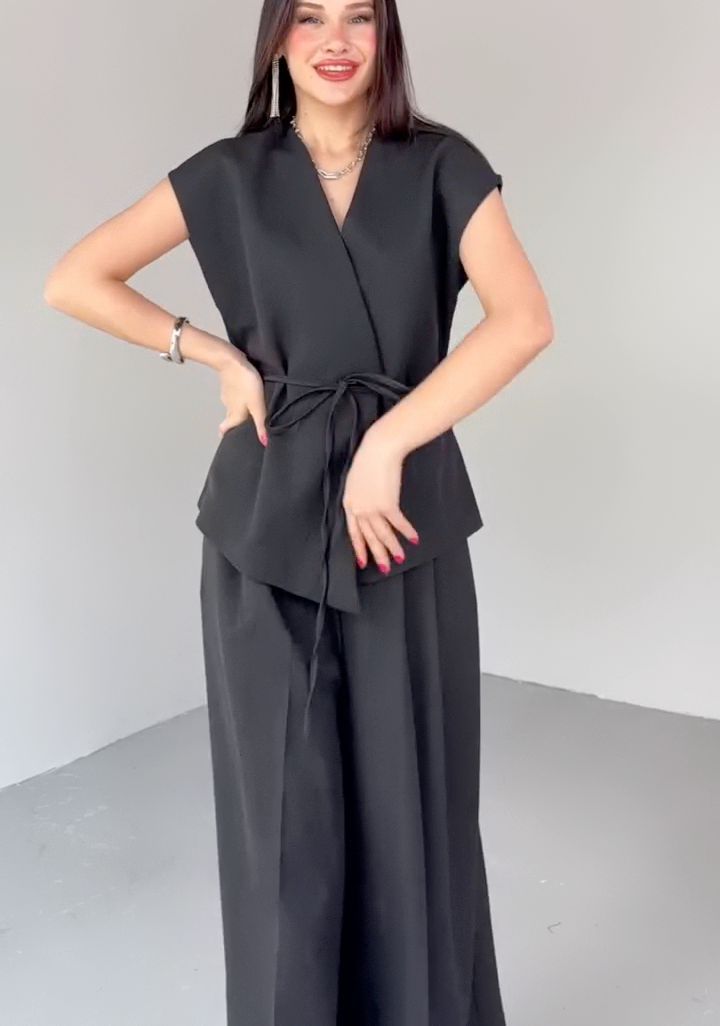 パンツセットアップ 優美リボン結びワイドパンツセット