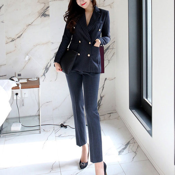 パンツセットアップ 縦縞柄ダブルボタン上下セット