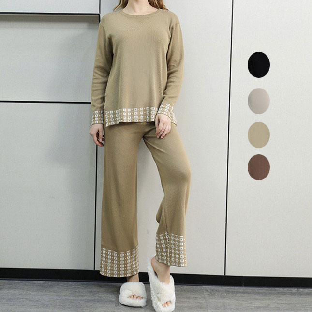 パンツセットアップ 秋冬新作ニットプルオーバーとワイドパンツの上下セット