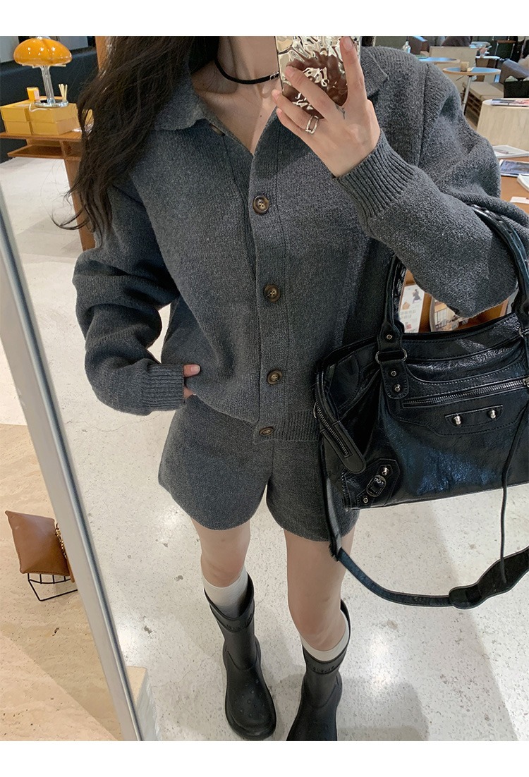 パンツセットアップ ニット素材襟付きジャケット×ショート二点セット