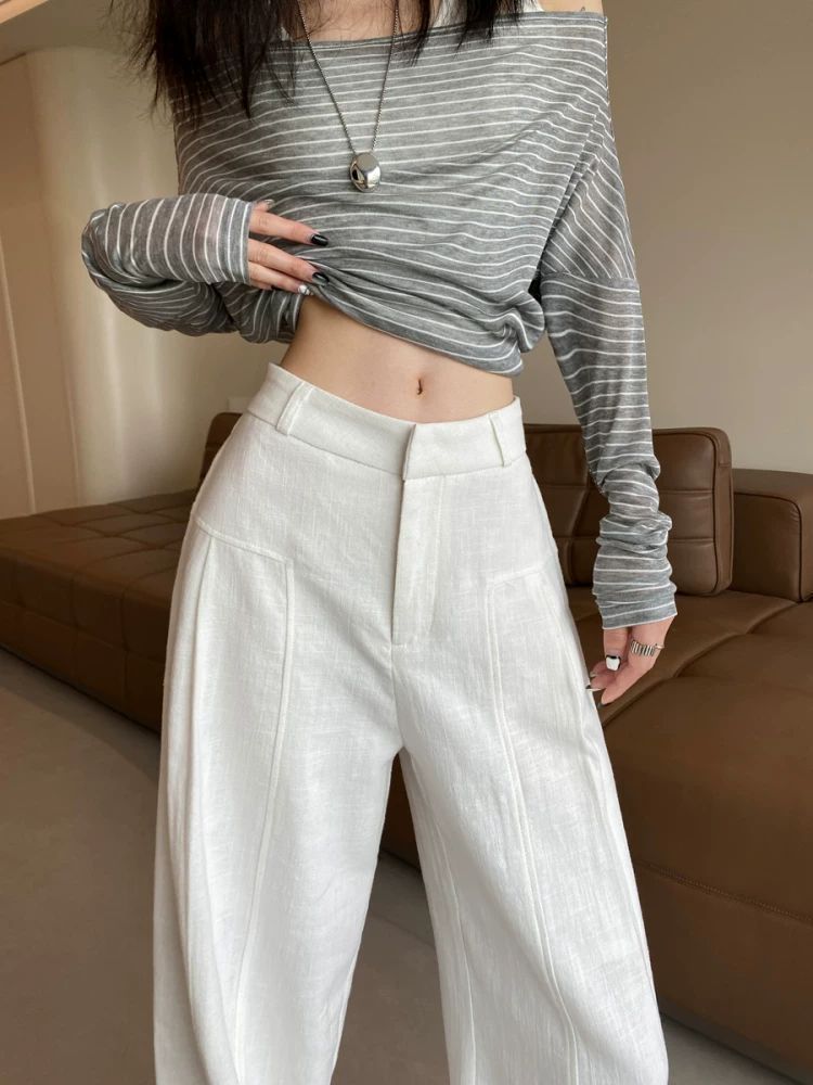 パンツセットアップ リネン風ハイウエストワイドパンツ