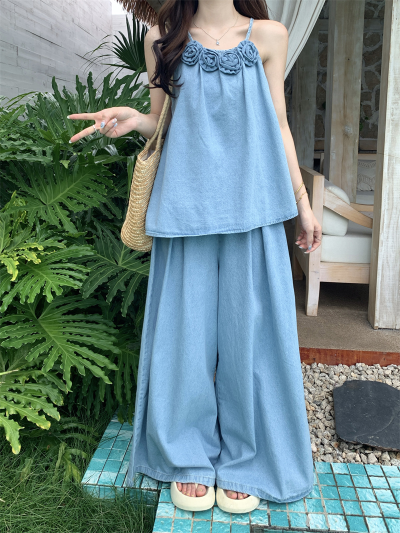 パンツセットアップ 夏新作韓国風花飾りキャミソール×ワイドパンツセット