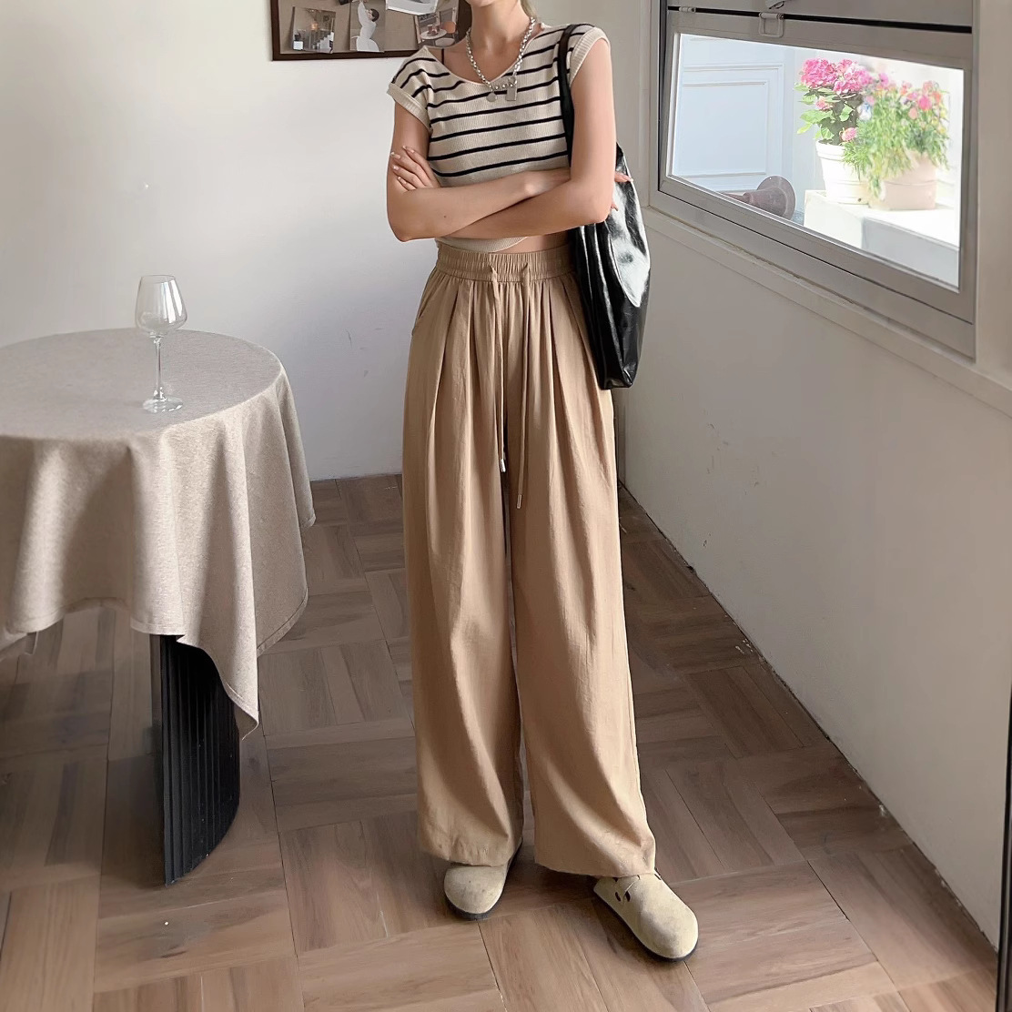 パンツセットアップ なめらか素材リラックスワイドパンツ