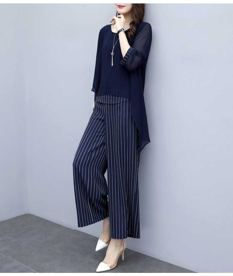 パンツセットアップ シフォン重ね着風ストライプワイドパンツセット