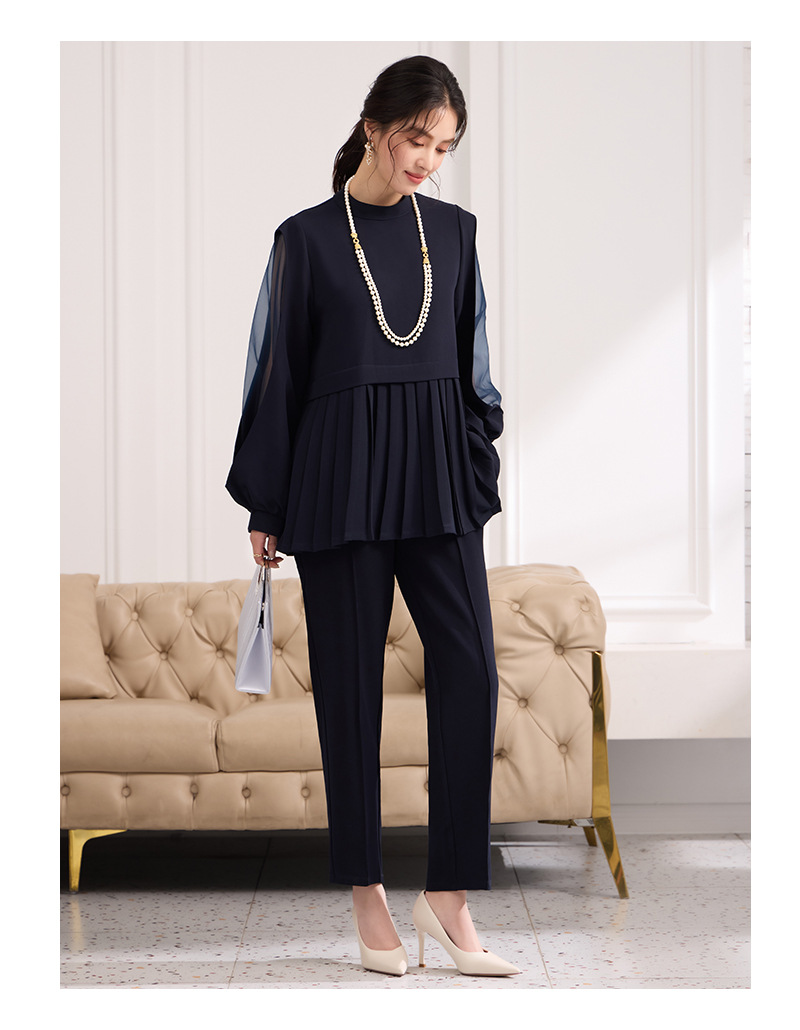 パンツセットアップ 透け感シフォン プリーツ切替セットアップ