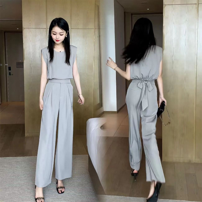 パンツセットアップ ノースリーブ リボンベルト ワイドパンツ