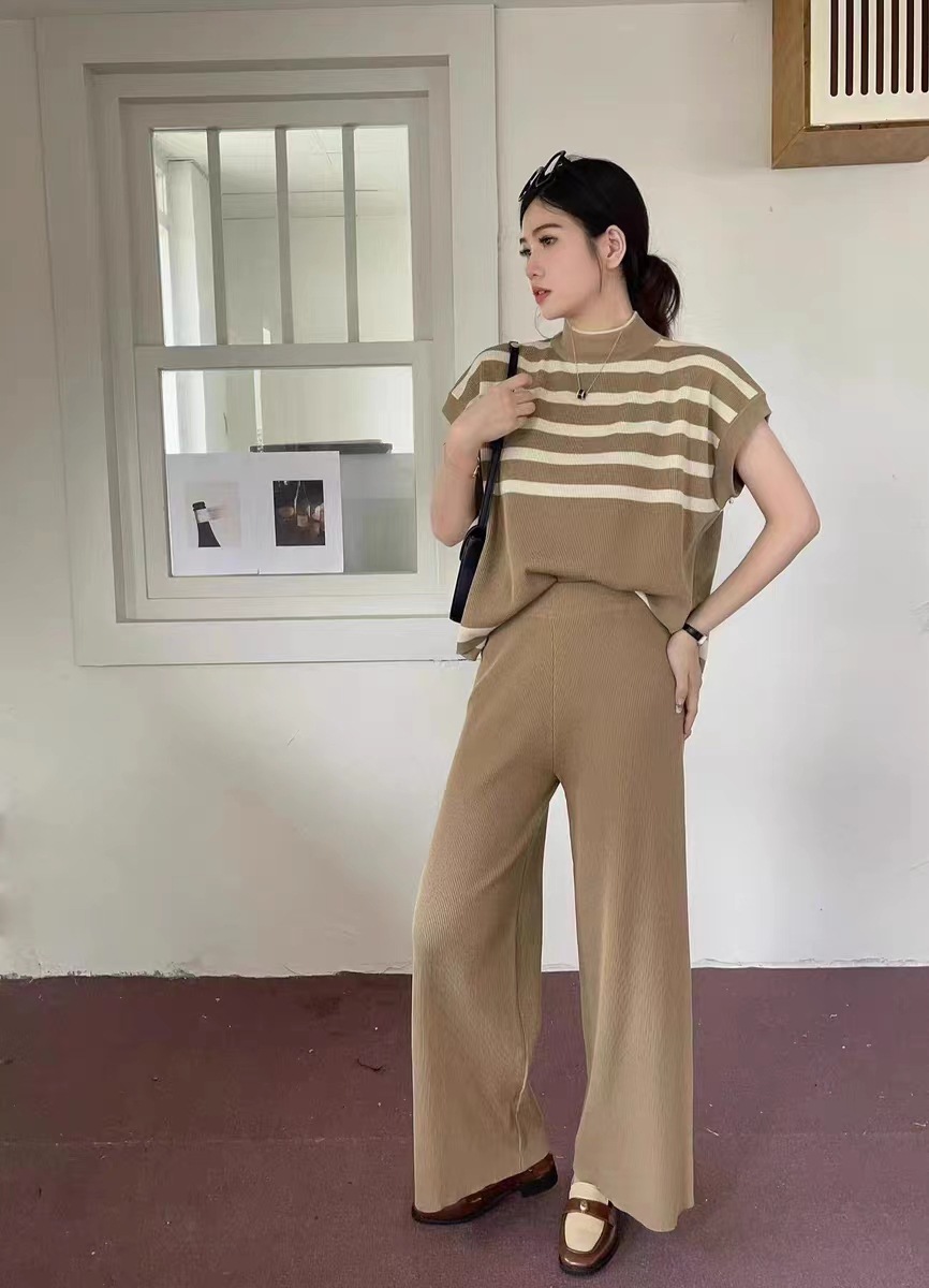 パンツセットアップ ボーダーニット ワイドパンツセットアップ