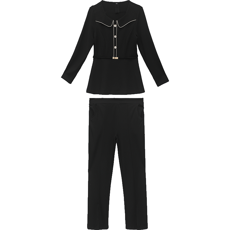 パンツセットアップ 丸襟パイピングトップス＆フレアパンツの上品セット